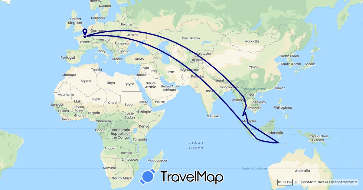 TravelMap itinerary: driving in France, Indonesia, Malaysia, Thailand (Asia, Europe)